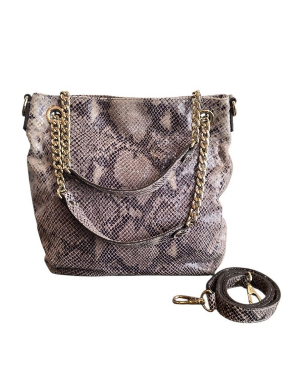 Michael Kors Jet Set Gray Brown Snakeskin Embossed Leather Hobo Handbag